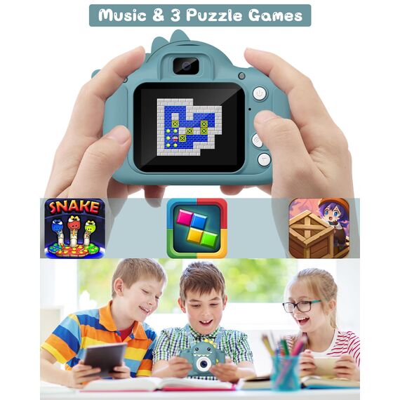 Kinderkamera, Gofunly Kinder Kamera 1080P 2,0-Zoll-Bildschirm Selfie Digitalkamera mit 32GB-Karte für 3-12 Jahre Jungen Mädchen Geburtstagsgeschenk Weihnachten Spielzeug Dunkelgrün Dinosaurier