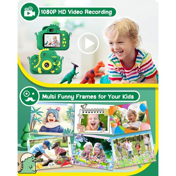 GREENKINDER Kinderkamera,2.0”-Bildschirm Kinder Kamera mit 32GB Karte, 20MP & 1080P HD Selfie Digitalkamera Kinder, Dinosaurier Geschenke für 3-12 Jahre Jungen und Mädchen