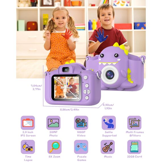 Kinderkamera, Gofunly Kinder Kamera 1080P 2,0-Zoll-Bildschirm Selfie Digitalkamera mit 32GB-Karte für 3-12 Jahre Jungen Mädchen Geburtstagsgeschenk Weihnachten Spielzeug Lila Dinosaurier