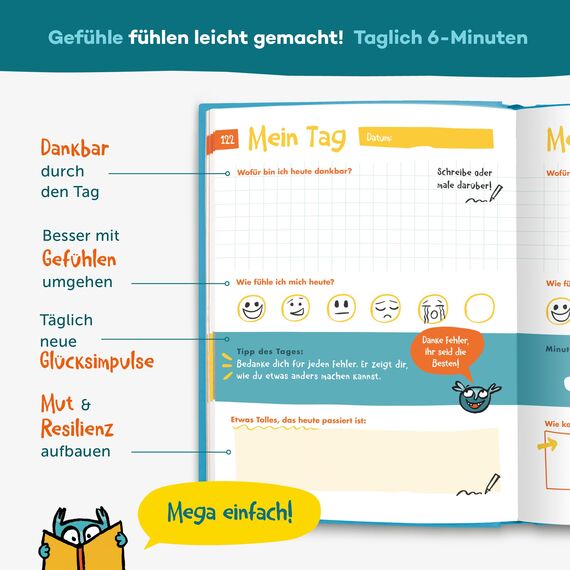 6-Minuten Gefühlstagebuch Kinder 6-12 Jahre - Gefühle verstehen, Selbstbewusstsein & Achtsamkeit aufbauen - Tagebuch Mädchen & Jungs - Gefühle Buch