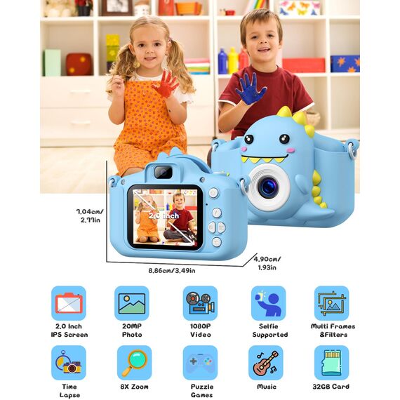 Kinderkamera, Gofunly Kinder Kamera 1080P 2,0-Zoll-Bildschirm Selfie Digitalkamera mit 32GB-Karte für 3-12 Jahre Jungen Mädchen Geburtstagsgeschenk Weihnachten Spielzeug Blau Dinosaurier