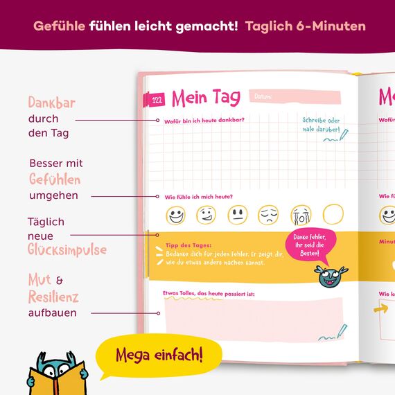 6-Minuten® Gefühlstagebuch Kinder 6–12 Jahre – Gefühle verstehen, Selbstbewusstsein & Achtsamkeit aufbauen – Tagebuch Mädchen – Gefühle Buch