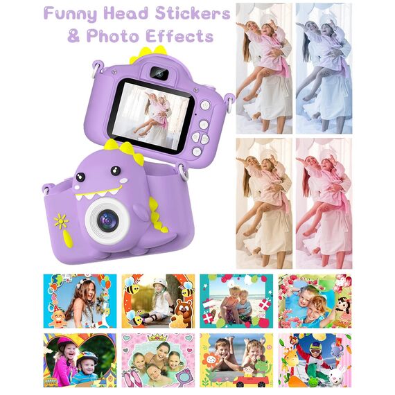 Kinderkamera, Gofunly Kinder Kamera 1080P 2,0-Zoll-Bildschirm Selfie Digitalkamera mit 32GB-Karte für 3-12 Jahre Jungen Mädchen Geburtstagsgeschenk Weihnachten Spielzeug Lila Dinosaurier
