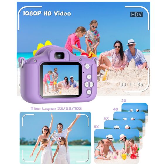 Kinderkamera, Gofunly Kinder Kamera 1080P 2,0-Zoll-Bildschirm Selfie Digitalkamera mit 32GB-Karte für 3-12 Jahre Jungen Mädchen Geburtstagsgeschenk Weihnachten Spielzeug Lila Dinosaurier