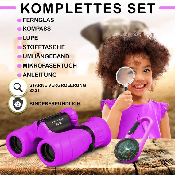 Fernglas für Kinder - Optimales Geschenk für Jungen und Mädchen - Starke Vergrößerung 8X21 – Umfangreiches Set inklusive Lupe & Kompass – Spielzeug für Kinder 3-12 Jahre