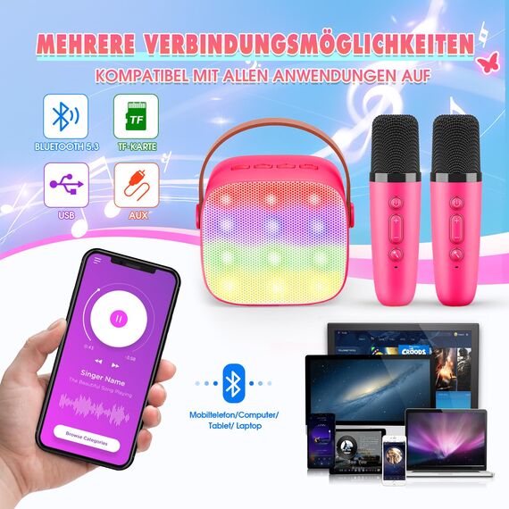 Dislocati Tragbarer Karaoke Maschine mit 2 Bluetooth Mikrofon, Kinder Geschenke Spielzeug für 3-12 Jahre Mini Karaoke Mikrofon Set mit DSP & LED-Lichtern Ideal für Familienfeiern, Partys & Outdoor