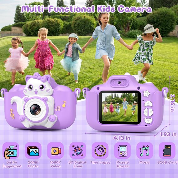 Kinderkamera, Gofunly Kinder Kamera 1080P 2,0-Zoll-Bildschirm Selfie Digitalkamera mit 32GB-Karte für 3-12 Jahre Jungen Mädchen Geburtstagsgeschenk Weihnachten Spielzeug Lila Katze