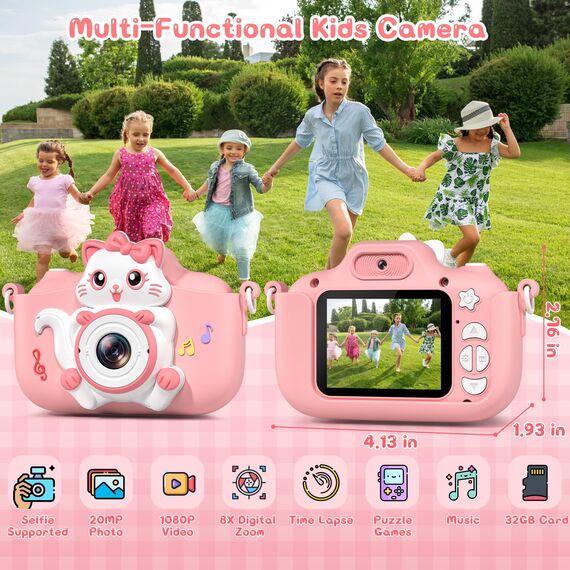Kinderkamera, Gofunly Kinder Kamera 1080P 2,0-Zoll-Bildschirm Selfie Digitalkamera mit 32GB-Karte für 3-12 Jahre Jungen Mädchen Geburtstagsgeschenk Weihnachten Spielzeug Rosa Katze