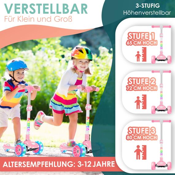 KIDIZ® Roller Kinder Scooter X-Pro2 Dreiradscooter mit PU LED Leuchtenden Räder Kinderroller faltbar Tret-Roller höhenverstellbarer Cityroller Kinderscooter für Jungen Mädchen 3-12 Jahre, Rosa