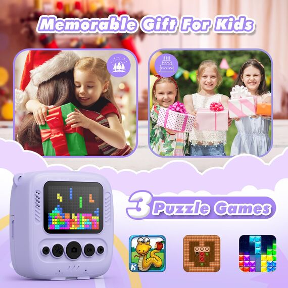 CalineGam Kinderkamera Sofortbildkamera, 48MP Sofortbildkamera Kinder mit 32GB Karte & Druckpapier, 1080P Digitalkamera Kinder, Geschenke für Jungen und Mädchen 3-12 Jahre (Lila)