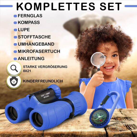 Fernglas für Kinder - Optimales Geschenk für Jungen und Mädchen - Starke Vergrößerung 8X21 – Umfangreiches Set inklusive Lupe & Kompass – Spielzeug für Kinder 3-12 Jahre