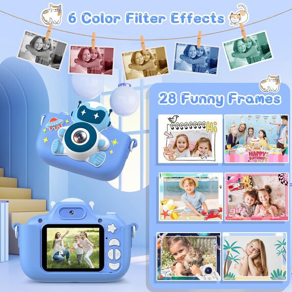 Kinderkamera, Gofunly Kinder Kamera 1080P 2,0-Zoll-Bildschirm Selfie Digitalkamera mit 32GB-Karte für 3-12 Jahre Jungen Mädchen Geburtstagsgeschenk Weihnachten Spielzeug Astronaut/Blau