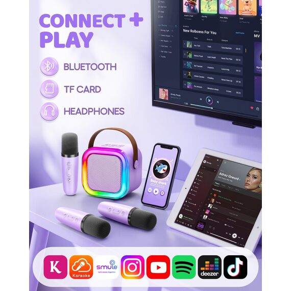 Karaoke Maschine Kinder, Geschenk für Mädchen 3-12 Jahre, Karaoke Kinder Spielzeug ab 3-12 Jahre Mädchen, Karaoke Maschine mit 2 Karaoke Mikrofon Kinder, Violett