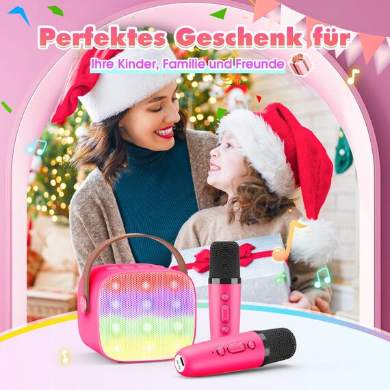 Dislocati Tragbarer Karaoke Maschine mit 2 Bluetooth Mikrofon, Kinder Geschenke Spielzeug für 3-12 Jahre Mini Karaoke Mikrofon Set mit DSP & LED-Lichtern Ideal für Familienfeiern, Partys & Outdoor