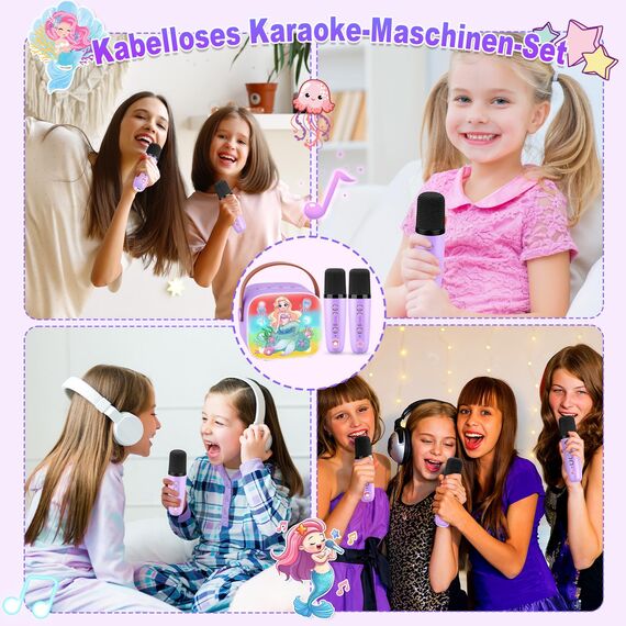 Dislocati Karaoke Maschine Kinder mit 2 Bluetooth Mikrofon, Meerjungfrauen Geschenke Spielzeug ab 3-12 Jahre Mädchen Tragbarer Karaoke Anlage mit 2 Mikrofonen Microphone Bluetooth Kinder