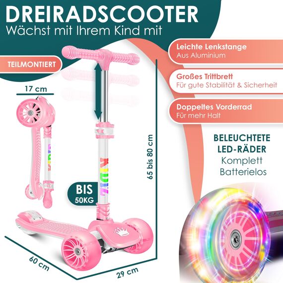 KIDIZ® Roller Kinder Scooter X-Pro2 Dreiradscooter mit PU LED Leuchtenden Räder Kinderroller faltbar Tret-Roller höhenverstellbarer Cityroller Kinderscooter für Jungen Mädchen 3-12 Jahre, Rosa