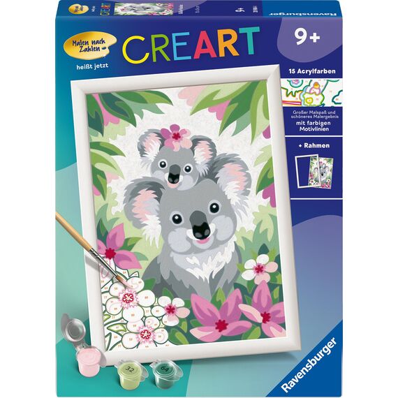 Ravensburger CreArt 28984 - Süße Koalas - Malen nach Zahlen für Kinder ab 9 Jahre, Malset mit Rahmen, Pinsel und Acrylfarben, Geschenk für Mädchen und Jungen