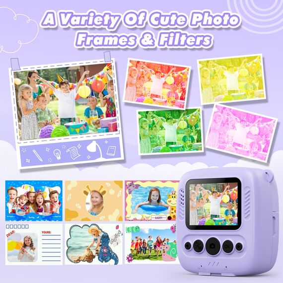 CalineGam Kinderkamera Sofortbildkamera, 48MP Sofortbildkamera Kinder mit 32GB Karte & Druckpapier, 1080P Digitalkamera Kinder, Geschenke für Jungen und Mädchen 3-12 Jahre (Lila)