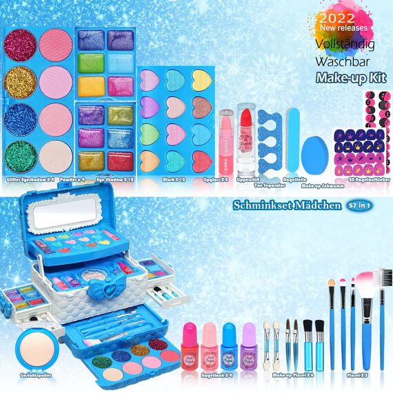 Kinderschminke Set - 57-teiliges Make-Up Set für Mädchen, Schminkkoffer Spielzeug, Halloween Weihnachts Geburtstagsgeschenke für Kinder 4-12 Jahre