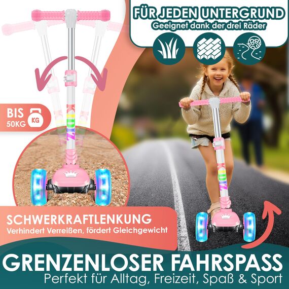 KIDIZ® Roller Kinder Scooter X-Pro2 Dreiradscooter mit PU LED Leuchtenden Räder Kinderroller faltbar Tret-Roller höhenverstellbarer Cityroller Kinderscooter für Jungen Mädchen 3-12 Jahre, Rosa