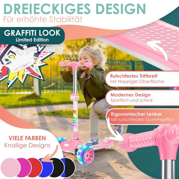 KIDIZ® Roller Kinder Scooter X-Pro2 Dreiradscooter mit PU LED Leuchtenden Räder Kinderroller faltbar Tret-Roller höhenverstellbarer Cityroller Kinderscooter für Jungen Mädchen 3-12 Jahre, Rosa