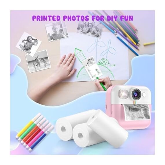 Instant-Druck-Kamera-Papier für Kinder - 6-Roll-Therm-Druck-Stift-Stiftset für Kinderkameras, Kernloses Thermopapier, kompatibel mit Thermodruckern