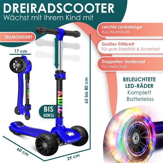 KIDIZ® Roller Kinder Scooter X-Pro2 Dreiradscooter mit PU LED Leuchtenden Räder Kinderroller faltbar Tret-Roller höhenverstellbarer Cityroller Kinderscooter für Jungen Mädchen 3-12 Jahre, Schwarz/Blau