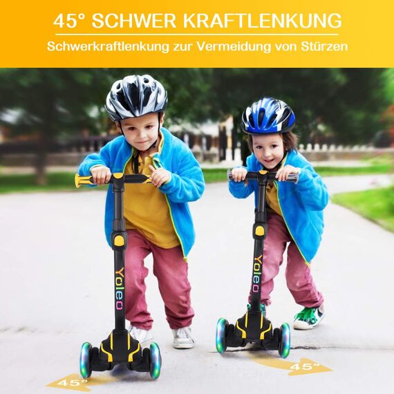 Yoleo Kinderscooter, Kinder Roller mit Leuchtenden Räder, Dreiradscooter 4 Höhenverstellbare für Jungen & Mädchen im Alter von 3-12 Jahren, bis 50kg blasbar, Gelb
