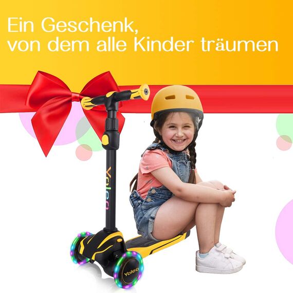 Yoleo Kinderscooter, Kinder Roller mit Leuchtenden Räder, Dreiradscooter 4 Höhenverstellbare für Jungen & Mädchen im Alter von 3-12 Jahren, bis 50kg blasbar, Gelb