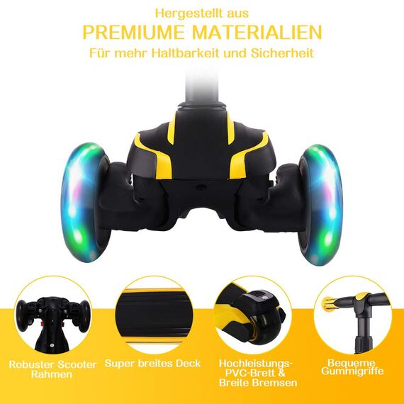 Yoleo Kinderscooter, Kinder Roller mit Leuchtenden Räder, Dreiradscooter 4 Höhenverstellbare für Jungen & Mädchen im Alter von 3-12 Jahren, bis 50kg blasbar, Gelb