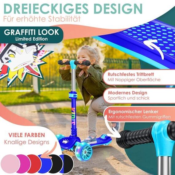 KIDIZ® Roller Kinder Scooter X-Pro2 Dreiradscooter mit PU LED Leuchtenden Räder Kinderroller faltbar Tret-Roller höhenverstellbarer Cityroller Kinderscooter für Jungen Mädchen 3-12 Jahre, Blau