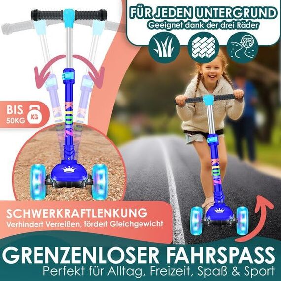 KIDIZ® Roller Kinder Scooter X-Pro2 Dreiradscooter mit PU LED Leuchtenden Räder Kinderroller faltbar Tret-Roller höhenverstellbarer Cityroller Kinderscooter für Jungen Mädchen 3-12 Jahre, Blau