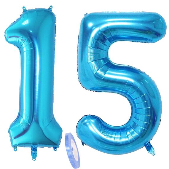 2 Luftballons Zahl 15, Nummer Luftballon Blau Mädchen Junge Jungs,40" Riesen Aufblasbar Helium Folienballon Blue Ballons Figuren für Geburtstag 15.Jahre Kinder Jungen Party Dekoration (xxxl 100cm)