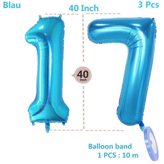 2 Luftballons Zahl 17, Nummer Luftballon Blau Mädchen Junge Jungs,40" Riesen Aufblasbar Helium Folienballon Blue Ballons Figuren für Geburtstag 17.Jahre Kinder Jungen Party Dekoration (xxxl 100cm)