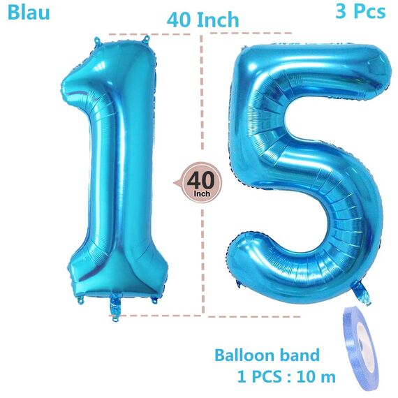 2 Luftballons Zahl 15, Nummer Luftballon Blau Mädchen Junge Jungs,40" Riesen Aufblasbar Helium Folienballon Blue Ballons Figuren für Geburtstag 15.Jahre Kinder Jungen Party Dekoration (xxxl 100cm)
