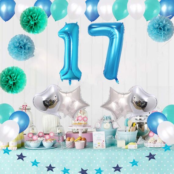 2 Luftballons Zahl 17, Nummer Luftballon Blau Mädchen Junge Jungs,40" Riesen Aufblasbar Helium Folienballon Blue Ballons Figuren für Geburtstag 17.Jahre Kinder Jungen Party Dekoration (xxxl 100cm)