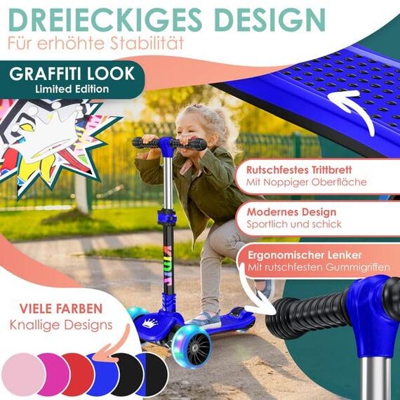 KIDIZ® Roller Kinder Scooter X-Pro2 Dreiradscooter mit PU LED Leuchtenden Räder Kinderroller faltbar Tret-Roller höhenverstellbarer Cityroller Kinderscooter für Jungen Mädchen 3-12 Jahre, Schwarz/Blau