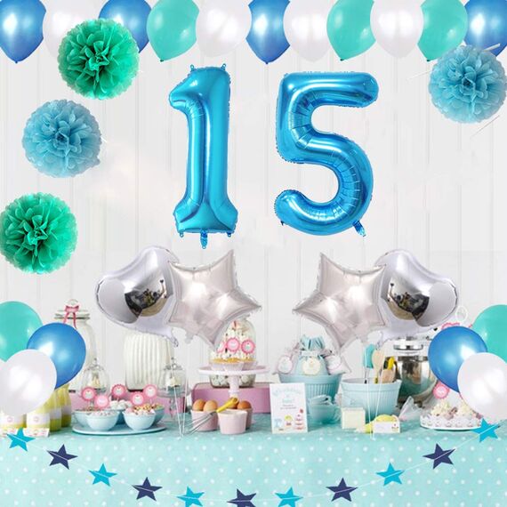 2 Luftballons Zahl 15, Nummer Luftballon Blau Mädchen Junge Jungs,40" Riesen Aufblasbar Helium Folienballon Blue Ballons Figuren für Geburtstag 15.Jahre Kinder Jungen Party Dekoration (xxxl 100cm)