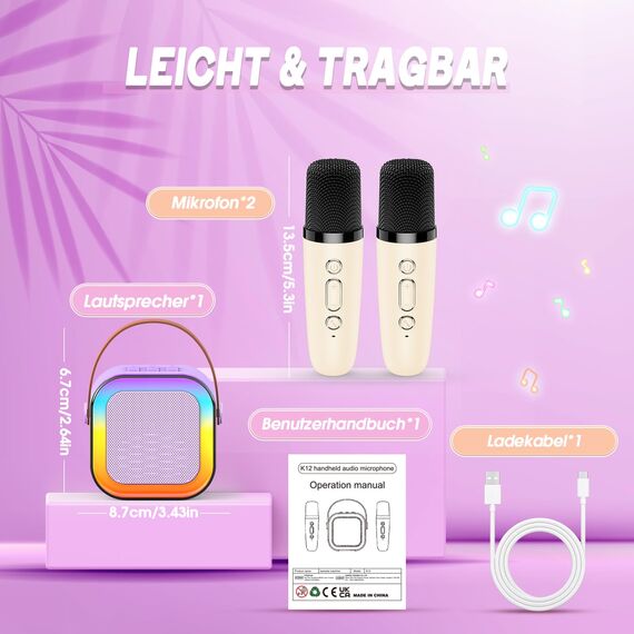Dislocati Kinder Geschenke Spielzeug für 3-12 Jahre, Tragbarer Karaoke Maschine mit 2 Bluetooth Karaoke Mikrofon, Ideal für Familienfeiern, Freundestreffen und Outdoor Microphone Kinder