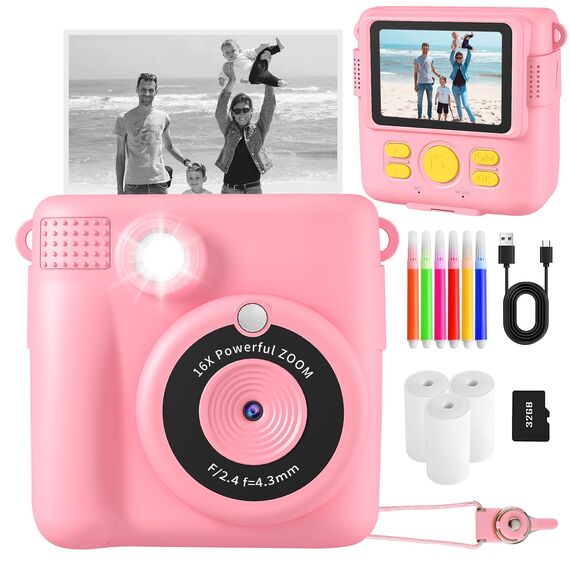 Kinderkamera, Sofortbildkamera Kinder,1080P Fotoapparat Kinderspielzeug mit 16x Digitalzoom, 32GB TF Karte,Druckpapier, Kinder Kamera für Geschenk für Mädchen 3-12 Jahre