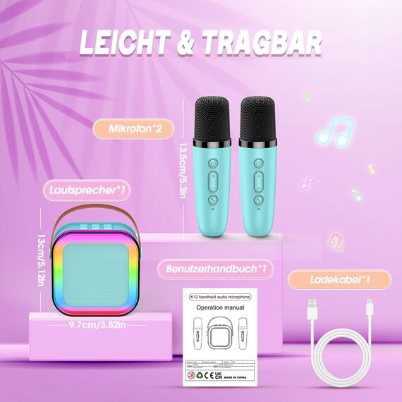 Dislocati Karaoke Maschine mit 2 Karaoke Mikrofon Bluetooth, Geschenk Spielzeug Junge 3-12 Jahre, Tragbarer Mini Karaoke Set mit DSP & LED-Lichtern, Kinder und Erwachsene