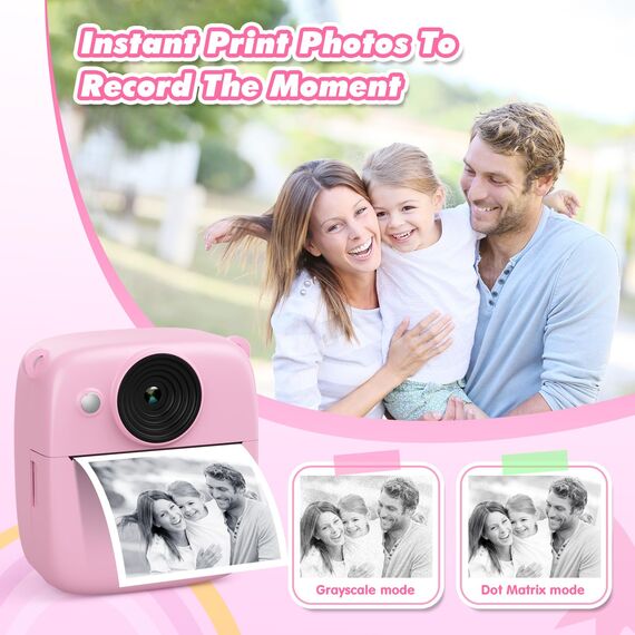 CalineGam Kinderkamera Sofortbildkamera, 48MP Sofortbildkamera Kinder mit 32GB Karte & Druckpapier, 1080P Digitalkamera Kinder, Geschenke für Jungen und Mädchen 3-12 Jahre (Rosa)