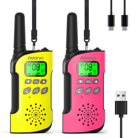 AWANFI Walkie Talkie Kinder, Walkie Talkie Aufladbar mit Akku, Funkgeräte Set, Walki Talki mit VOX, Taschenlampe, Tastensperre, Walky Talky für Camping Abenteuer, Geschenk für Kinder de 3-12 Jahre