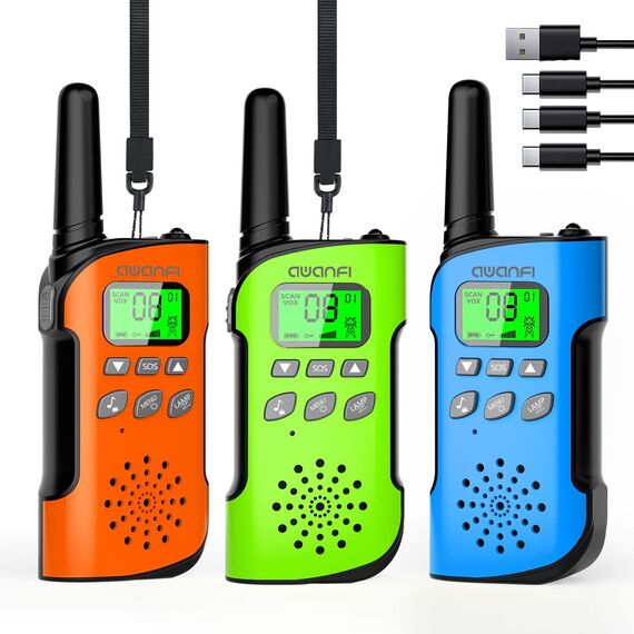 AWANFI Walkie Talkie Kinder 3er Set, Walkie Talkie Aufladbar mit Li-ion Akku, Funkgerät Set mit VOX und Taschenlampe, Walky Talky Camping Abenteuer, Geschenk für Kinder de 3-12 Jahre