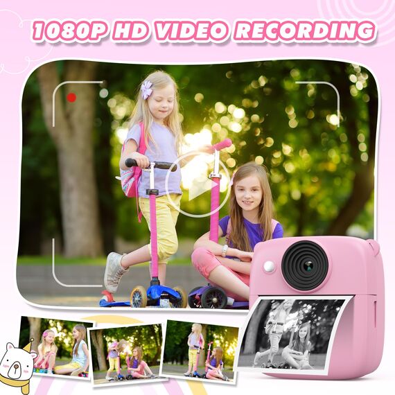 CalineGam Kinderkamera Sofortbildkamera, 48MP Sofortbildkamera Kinder mit 32GB Karte & Druckpapier, 1080P Digitalkamera Kinder, Geschenke für Jungen und Mädchen 3-12 Jahre (Rosa)