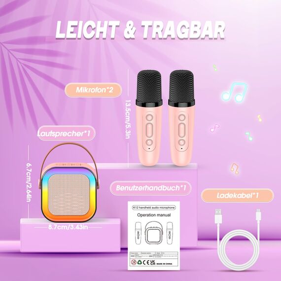 Dislocati Karaoke Maschine mit 2 Mikrofon Kinder Bluetooth, Geschenk Spielzeug Mädchen 3-12 Jahre, Tragbarer Karaoke Mikrofon Set mit DSP & LED-Lichtern Ideale für Familie, Freunde und Kinder