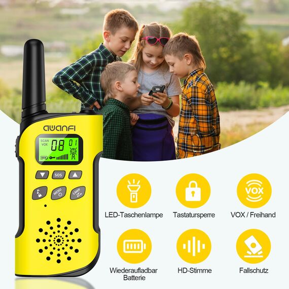 AWANFI Walkie Talkie Kinder, Walkie Talkie Aufladbar mit Akku, Funkgeräte Set, Walki Talki mit VOX, Taschenlampe, Tastensperre, Walky Talky für Camping Abenteuer, Geschenk für Kinder de 3-12 Jahre