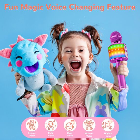 Magic Sing LED Karaoke Mikrofon Kinder, Drahtloses Bluetooth Spielzeug ab 3-12 Jahre Geschenk Mädchen KTV Lautsprecher mit Stimmenverzerrer, Heim KTV Karaoke Maschine für Android, iOS, PC(Lila)