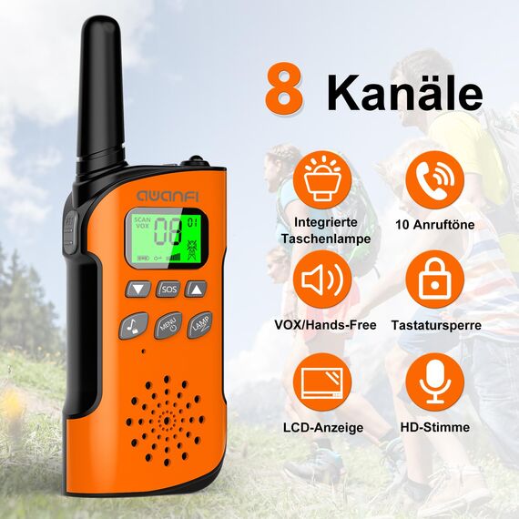 AWANFI Walkie Talkie Kinder 3er Set, Walkie Talkie Aufladbar mit Li-ion Akku, Funkgerät Set, 2-Wege-Radio mit VOX, Taschenlampe, Walky Talky Camping Abenteuer, Geschenk für Kinder de 3-12 Jahre