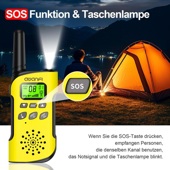 AWANFI Walkie Talkie Kinder, Walkie Talkie Aufladbar mit Akku, Walki Talki mit VOX, Taschenlampe, Tastensperre, Funkgeräte Set, Walky Talky für Camping Abenteuer, Geschenk für Kinder de 3-12 Jahre
